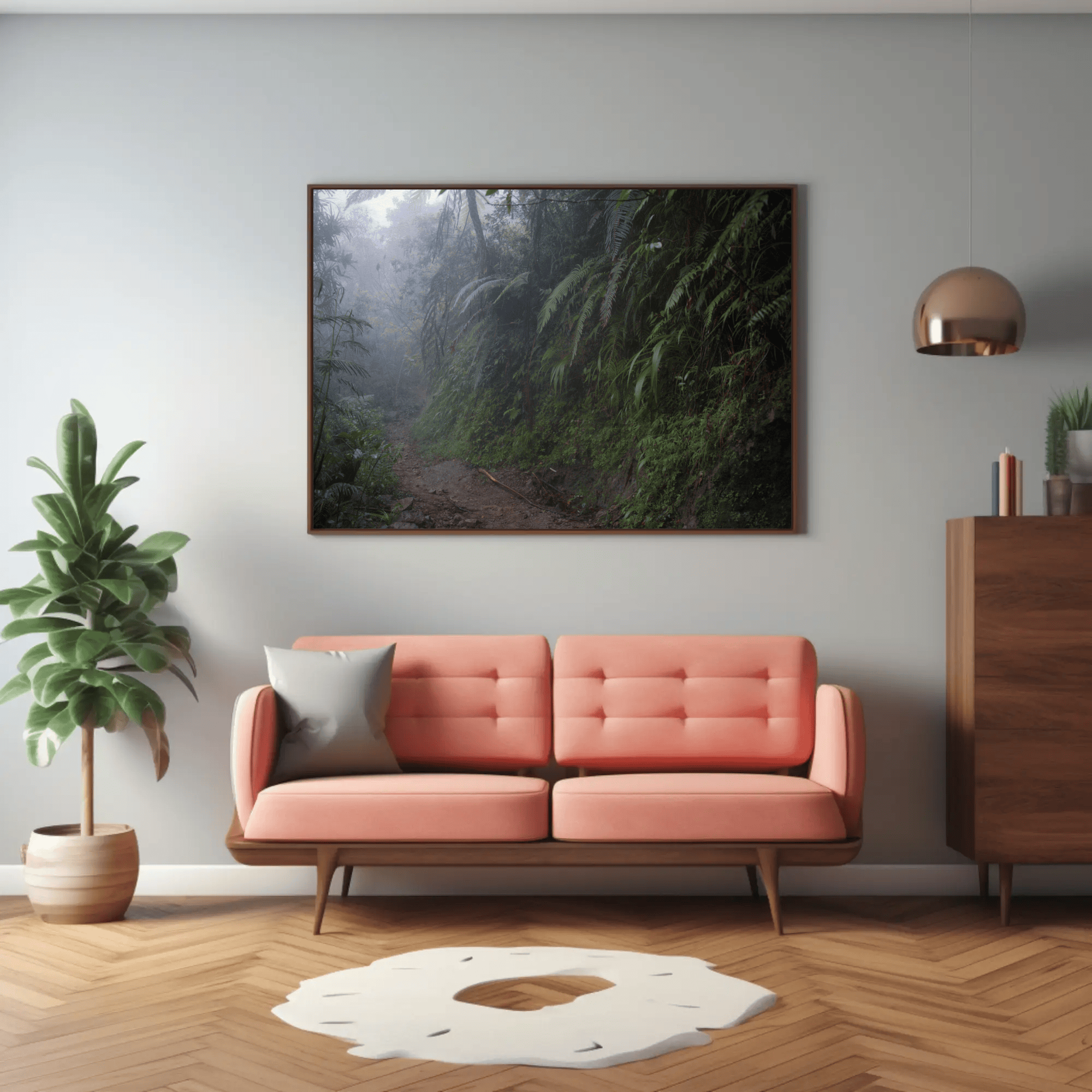 Dark foggy jungle canvas photography print, Flores Island mountains hiking road, poster interior mockup_18 | Kevin Winda Wellness