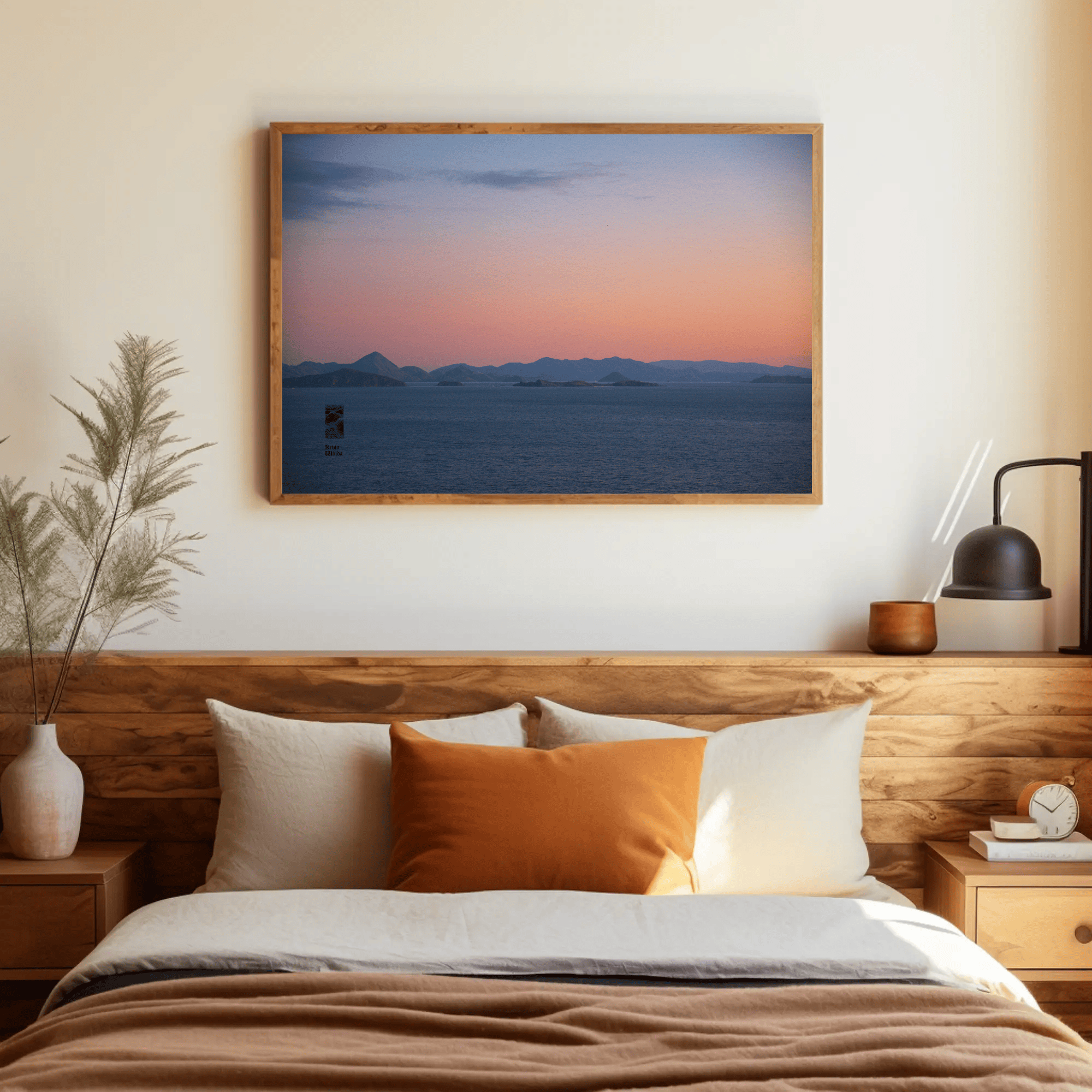 Coastal sunset canvas above bed photo print Komodo Islands hills Indonesia bedroom mockup 19 Coastal sunset canvas above bed photo print Komodo Islands hills Indonesia bedroom mockup 19