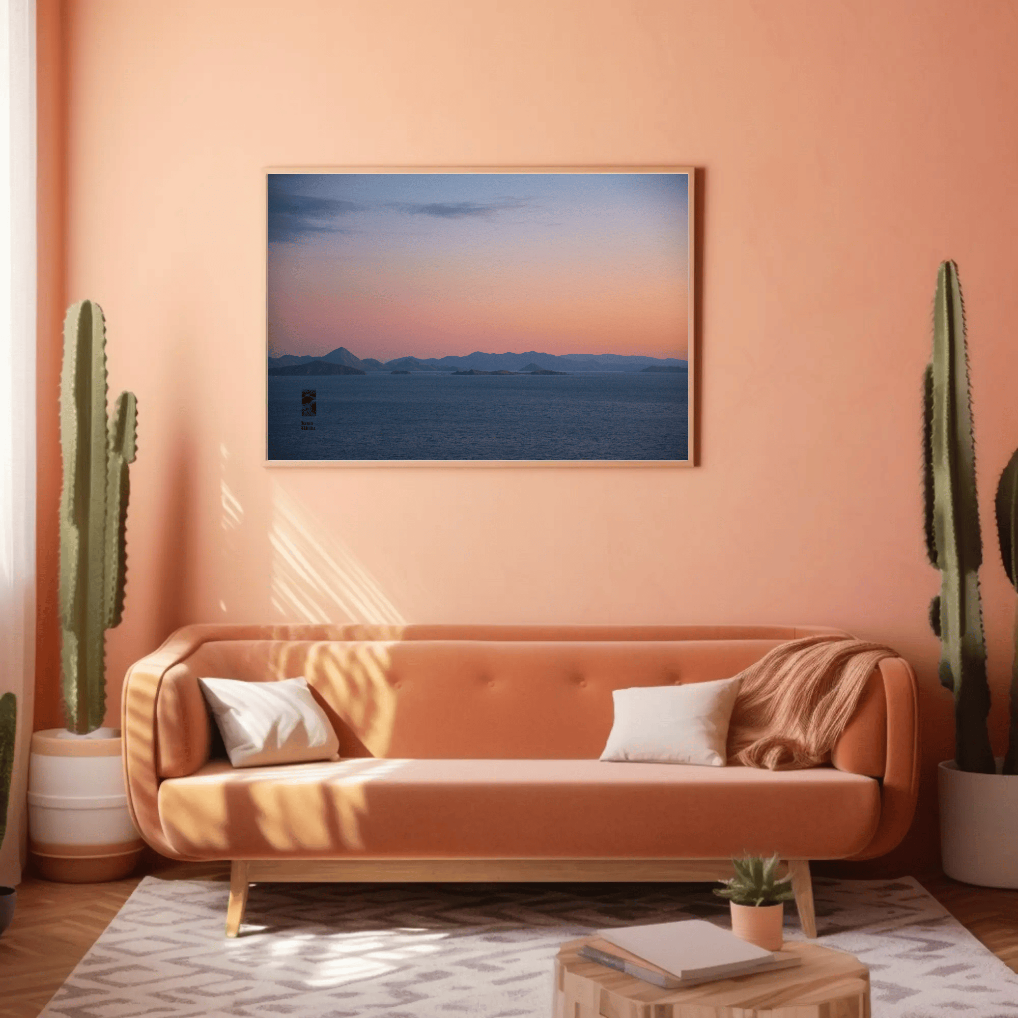 Ocean sunset canvas above sofa meditative evening sky photo print Komodo Islands hills Indonesia mockup 7 Ocean sunset canvas above sofa meditative evening sky photo print Komodo Islands hills Indonesia mockup 7