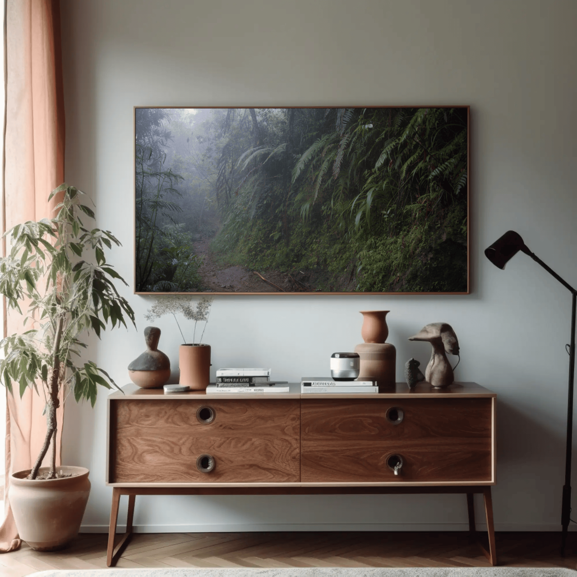 Jungle canvas, Indonesia mountain road fog, living room mockup_6 | Kevin Winda Wellness